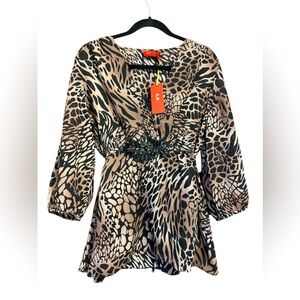 Tapemeasure Women’s Blouse Top Combo Size L Cheetah Beads Drawstring Long Sleeve